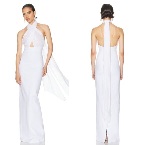 Helsa Amber Sheer Mesh Halterneck Tie Bodycon White Maxi Dress Size Medium - Picture 3 of 11